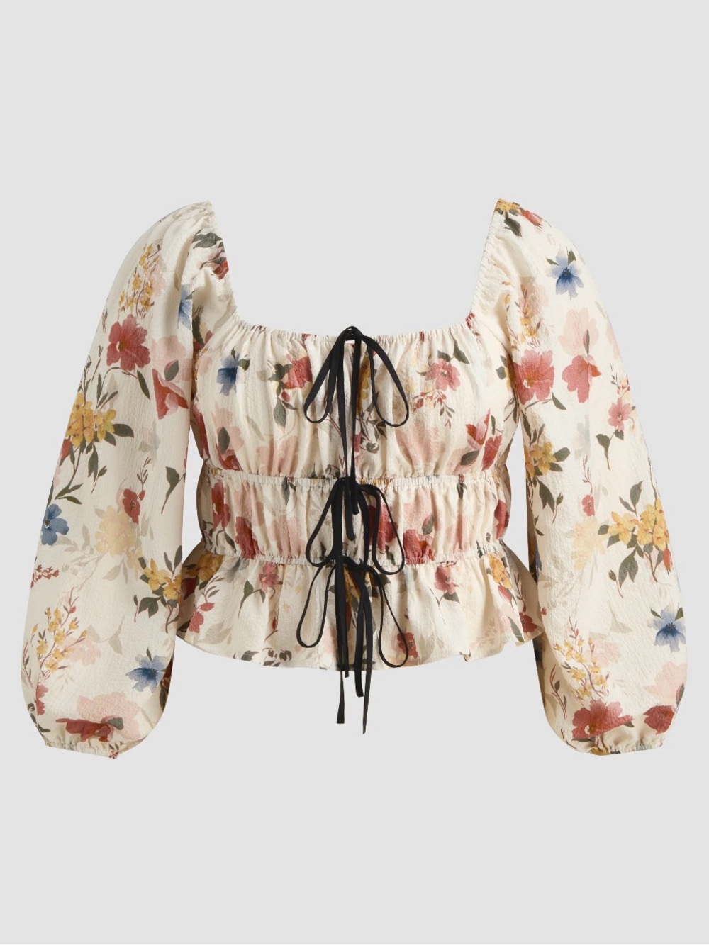 Cider Cream Curve Floral Tie-Front Peasant Blouse